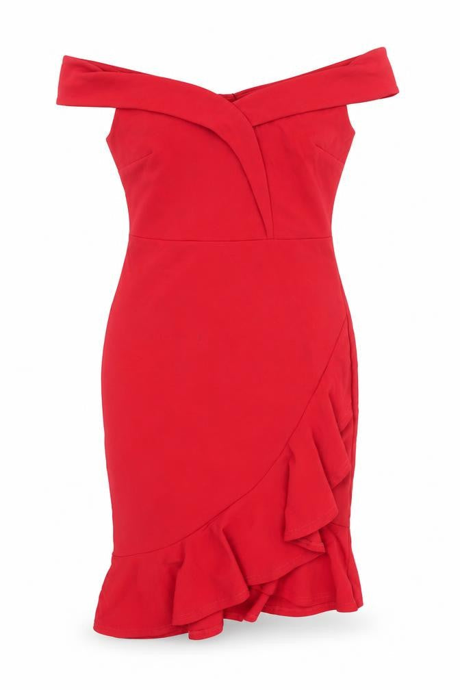 Lipsy Women Red Size 12 Off Shoulder Bodycon Ruffle Dress