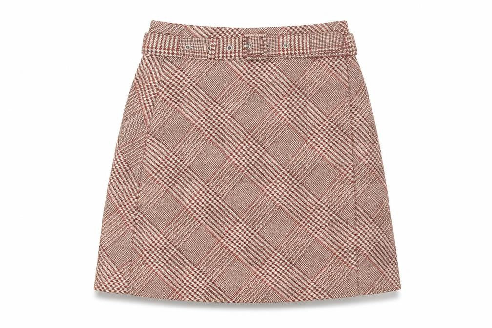 H&M Women’s Red Check A-Line Tweed Skirt UK 8 Knee Length