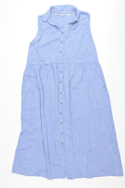 Fat Face Women’s Blue Linen Shirt Dress Size 16 Midi Sleeveless