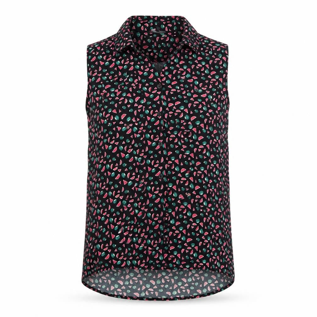 Next Women’s Black Fruit Print Sleeveless Viscose Blouse Size 14