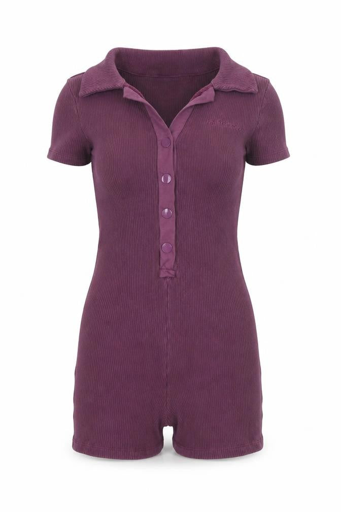 Front view of iets frans Women’s Purple XS Playsuit Collared Ribbed Knit Short Sleeve