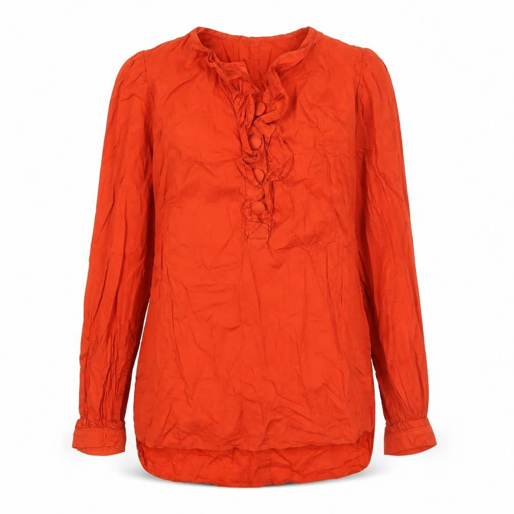 Front view of French Connection women’s red cotton tunic blouse, size UK 10