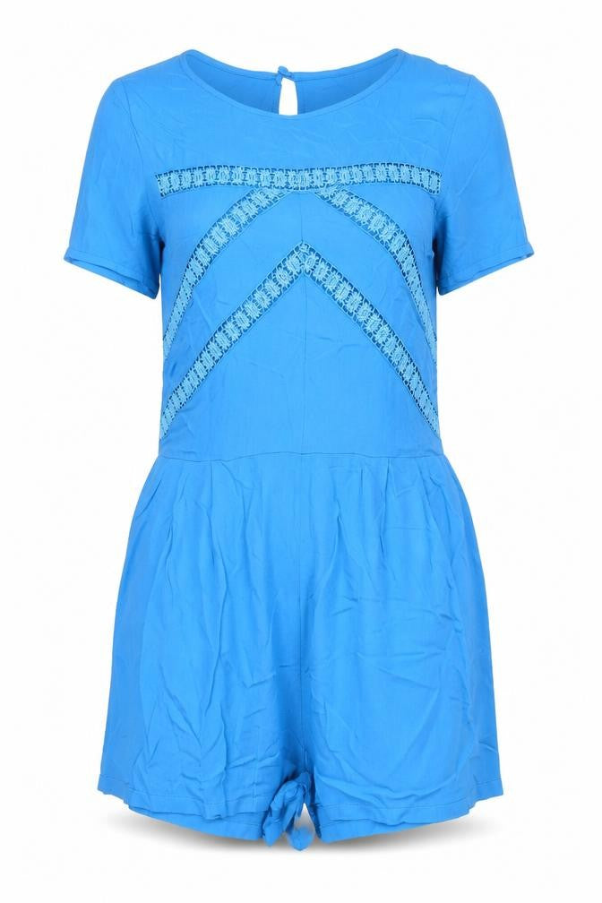 Front view of ASOS Women’s Blue Short Sleeve Embroidered Playsuit, size UK 12