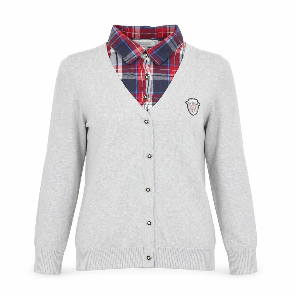 CHAO YI LIN Womens Grey Cardigan Size 12 V-Neck Preppy Logo Knit