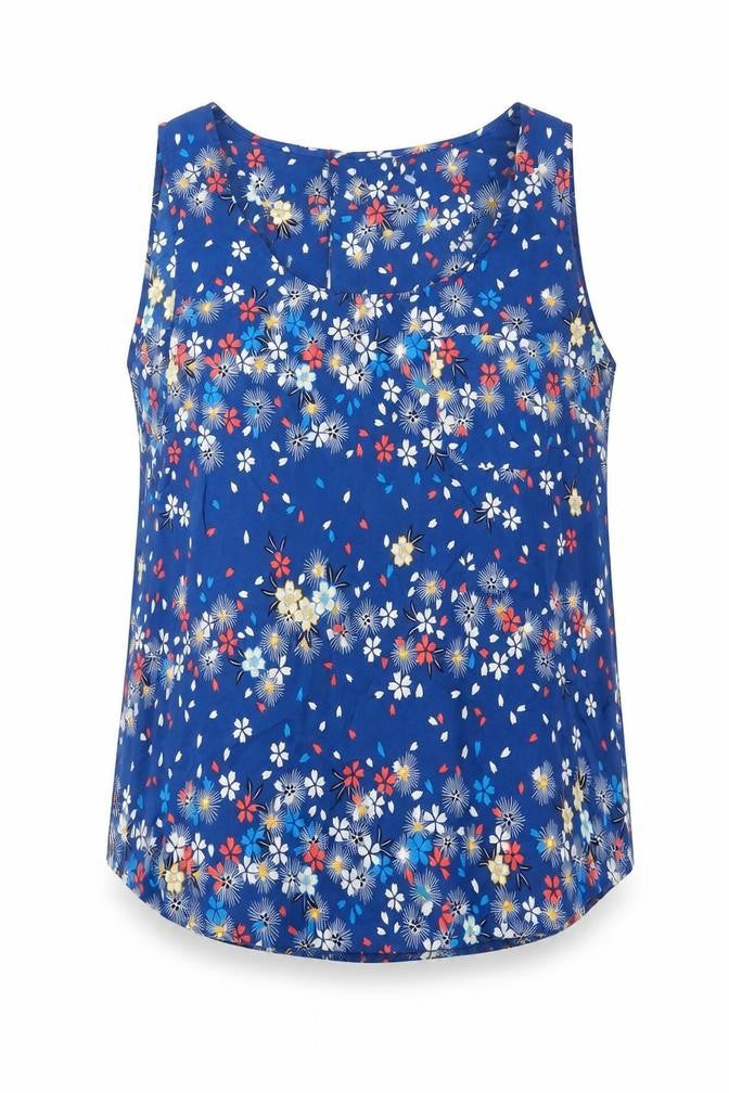 Oasis Womens Blue Floral Sleeveless Blouse UK 10 Scoop Neck