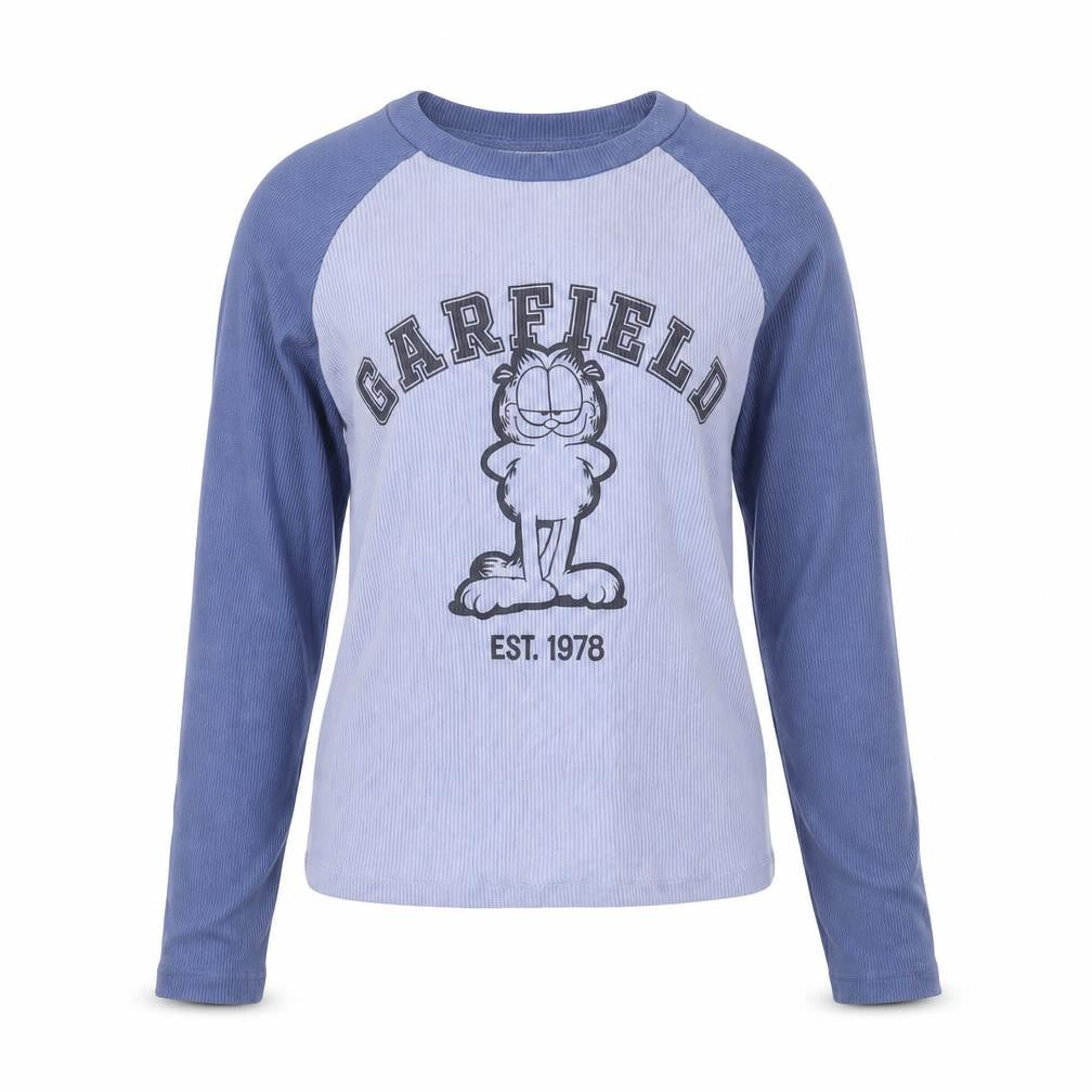 Front view of H&M girls’ blue garfield long sleeve cropped t-shirt, size 14, years