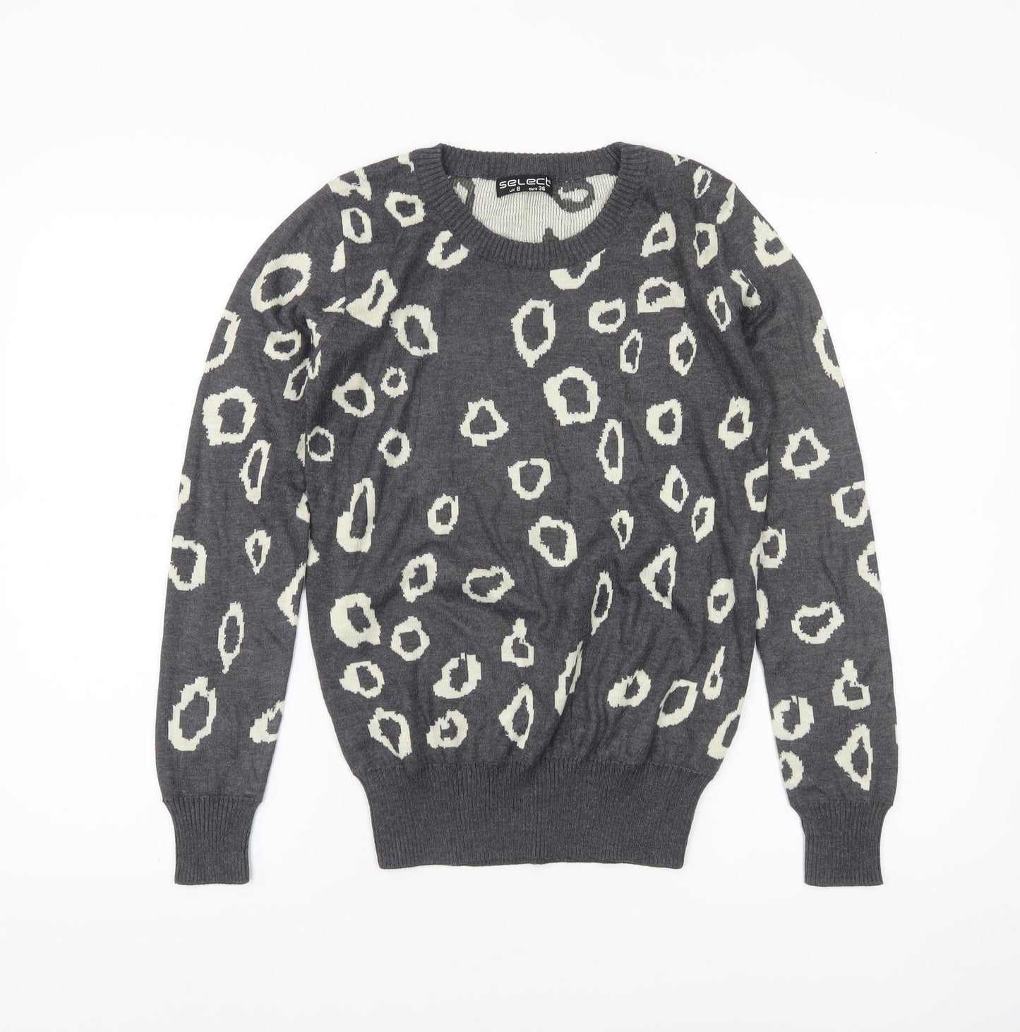 Select Womens Grey Animal Print Crew Neck Jumper Size 8