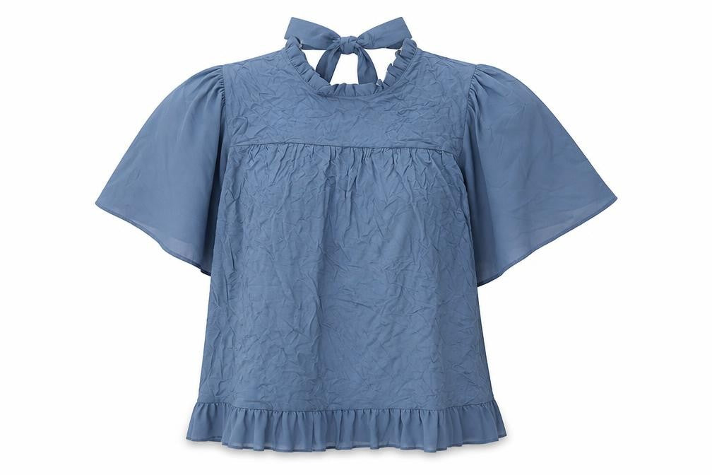 Kim & Carni Womens Blue XL Tunic Blouse Ruffle Tie Neck Flutter Sleeve