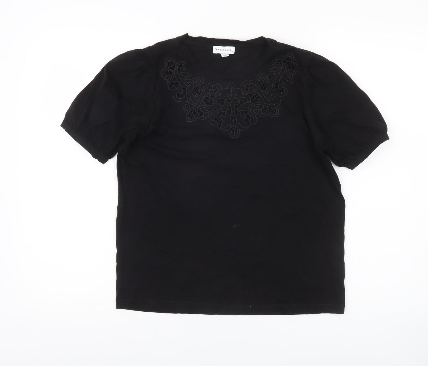 Warehouse Women Black Cotton Embroidered Blouse UK 14 Short Sleeve
