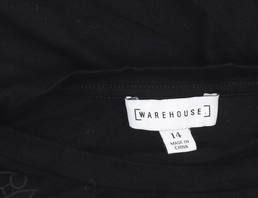 Warehouse Women Black Cotton Embroidered Blouse UK 14 Short Sleeve