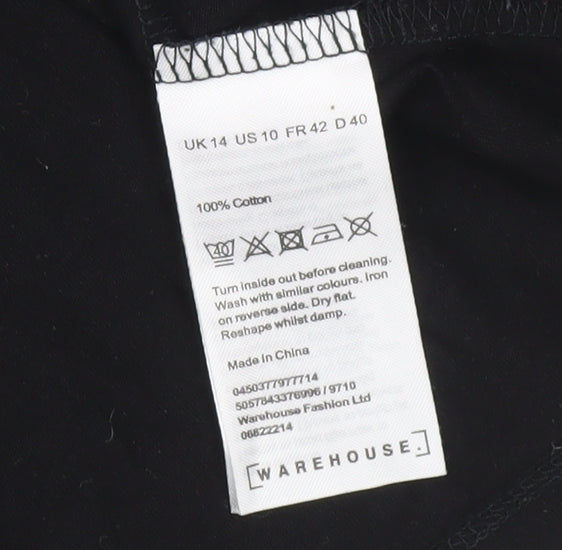 Warehouse Women Black Cotton Embroidered Blouse UK 14 Short Sleeve