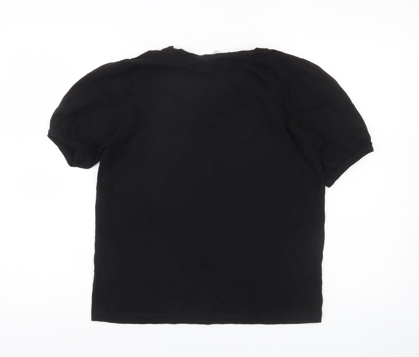 Warehouse Women Black Cotton Embroidered Blouse UK 14 Short Sleeve