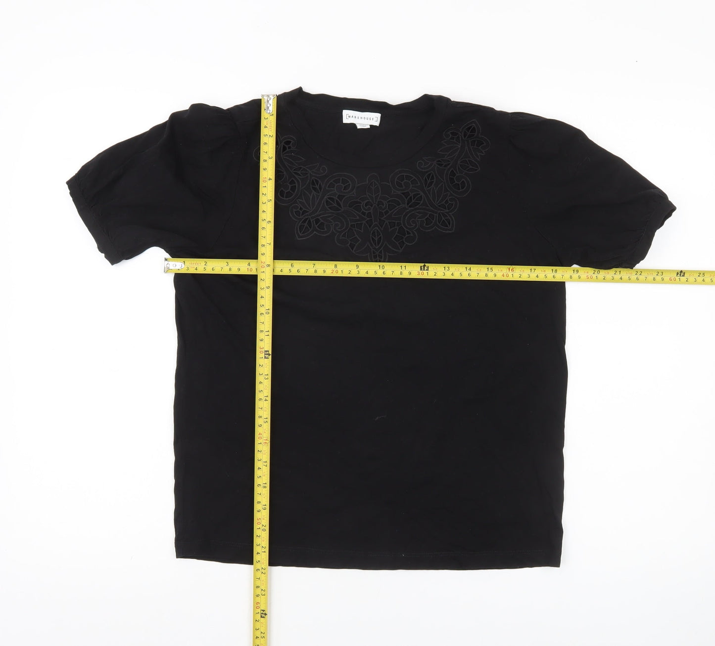 Warehouse Women Black Cotton Embroidered Blouse UK 14 Short Sleeve