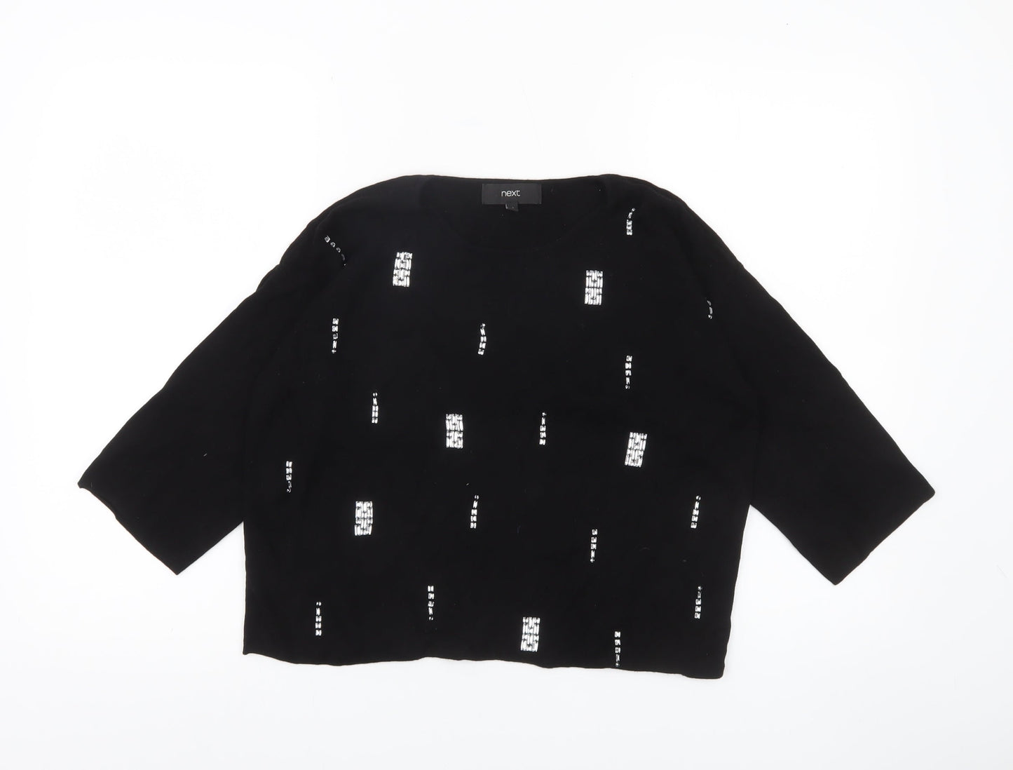 Next Womens Black Sequin Jumper Size 12 Crew Neck 3/4 Sleeve