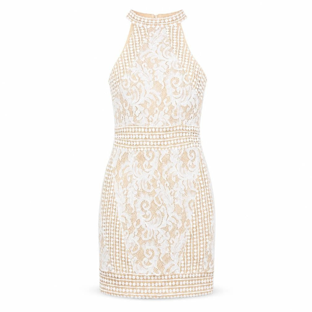 PrettyLittleThing Women’s Beige Lace Bodycon Halter Dress Size 8