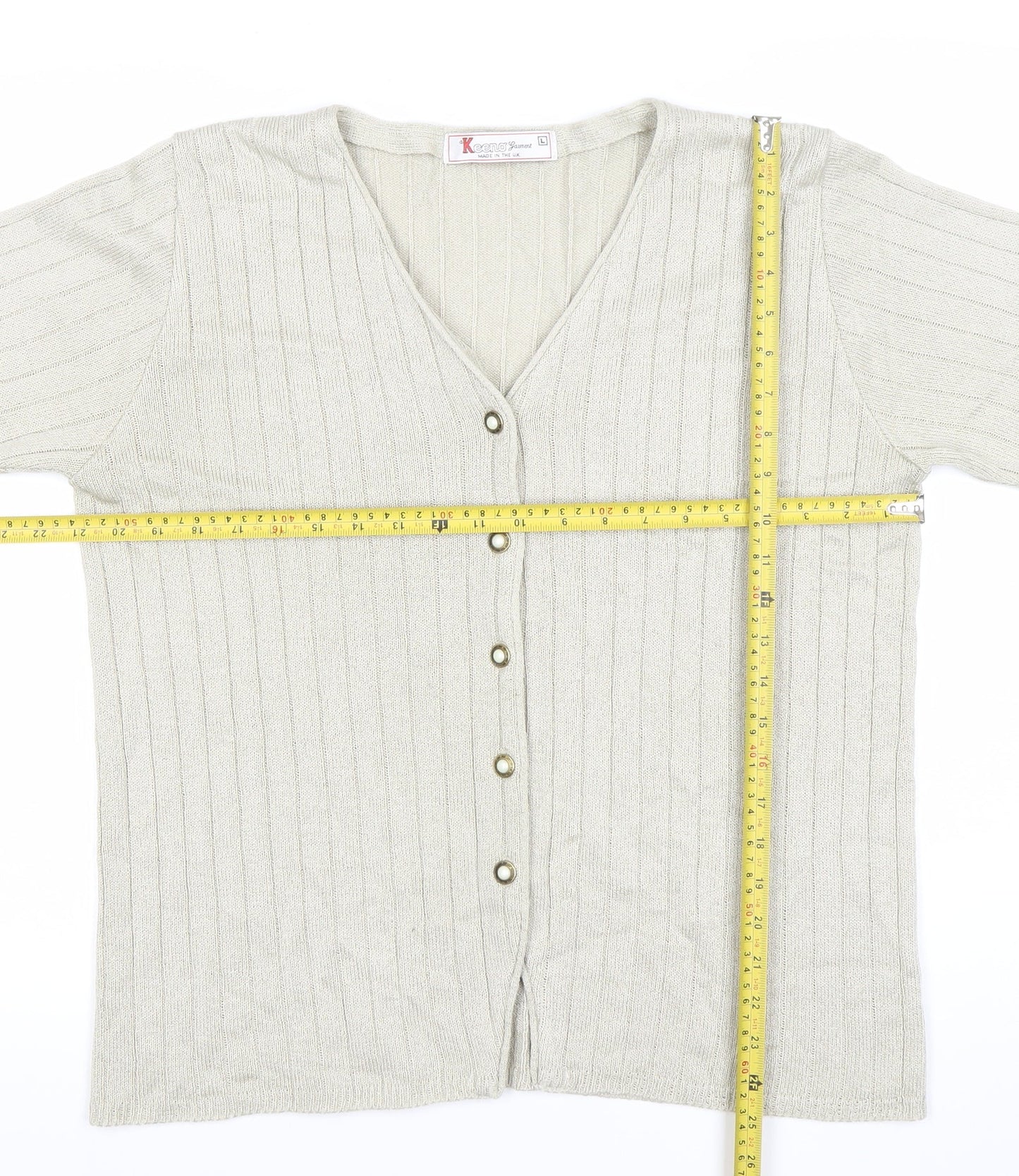 Keeno Women’s Beige Short Sleeve V-Neck Cardigan L