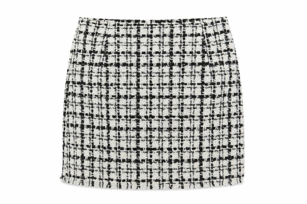 H&M Divided Womens Skirt Size 10 Black White Check Tweed Fringe Pencil