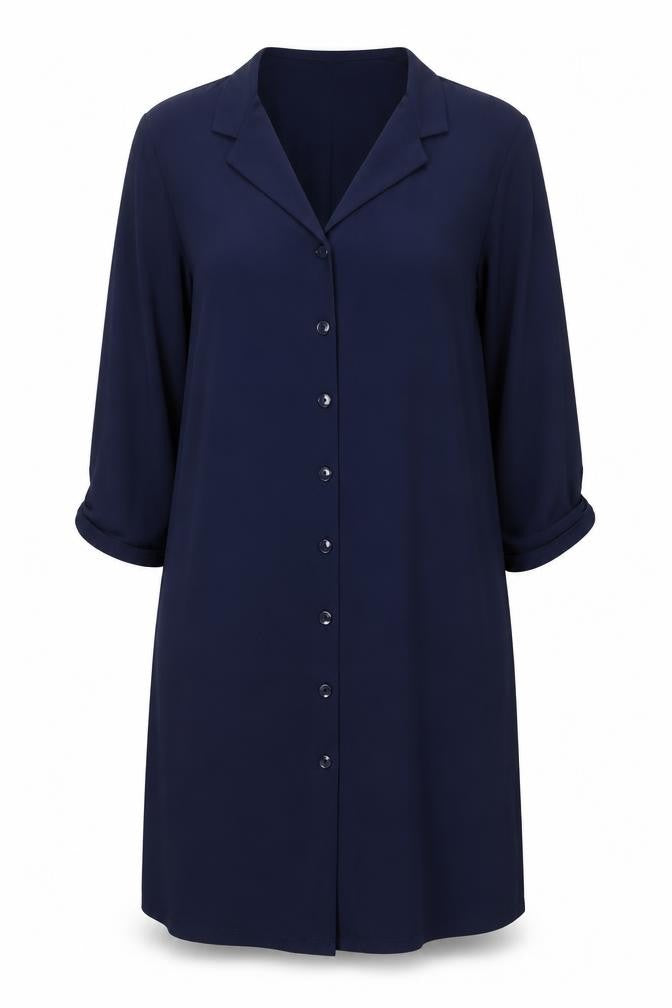 Front view of Kim & Co women’s blue m shirt dress v-neck 3/4 sleeve casual workwear