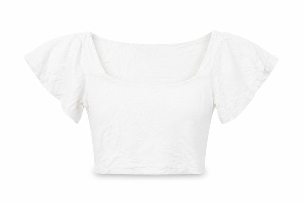 Lulus Women’s White Cropped Blouse Small Scoop Neck Flutter Sleeve