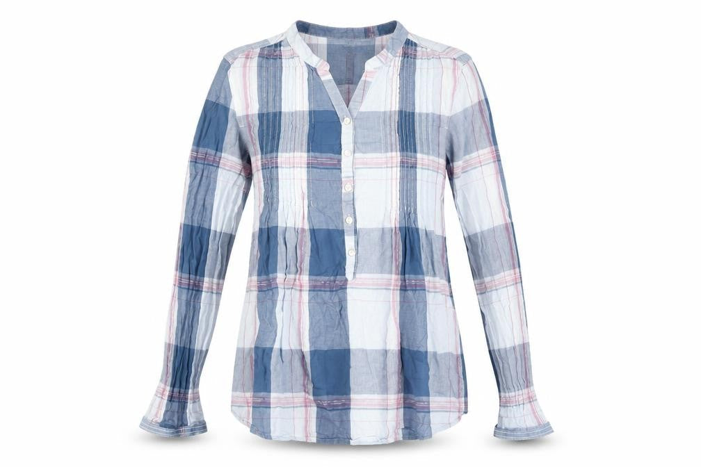 Front view of H&M girls’ blue check cotton long sleeve blouse shirt, size 16, years