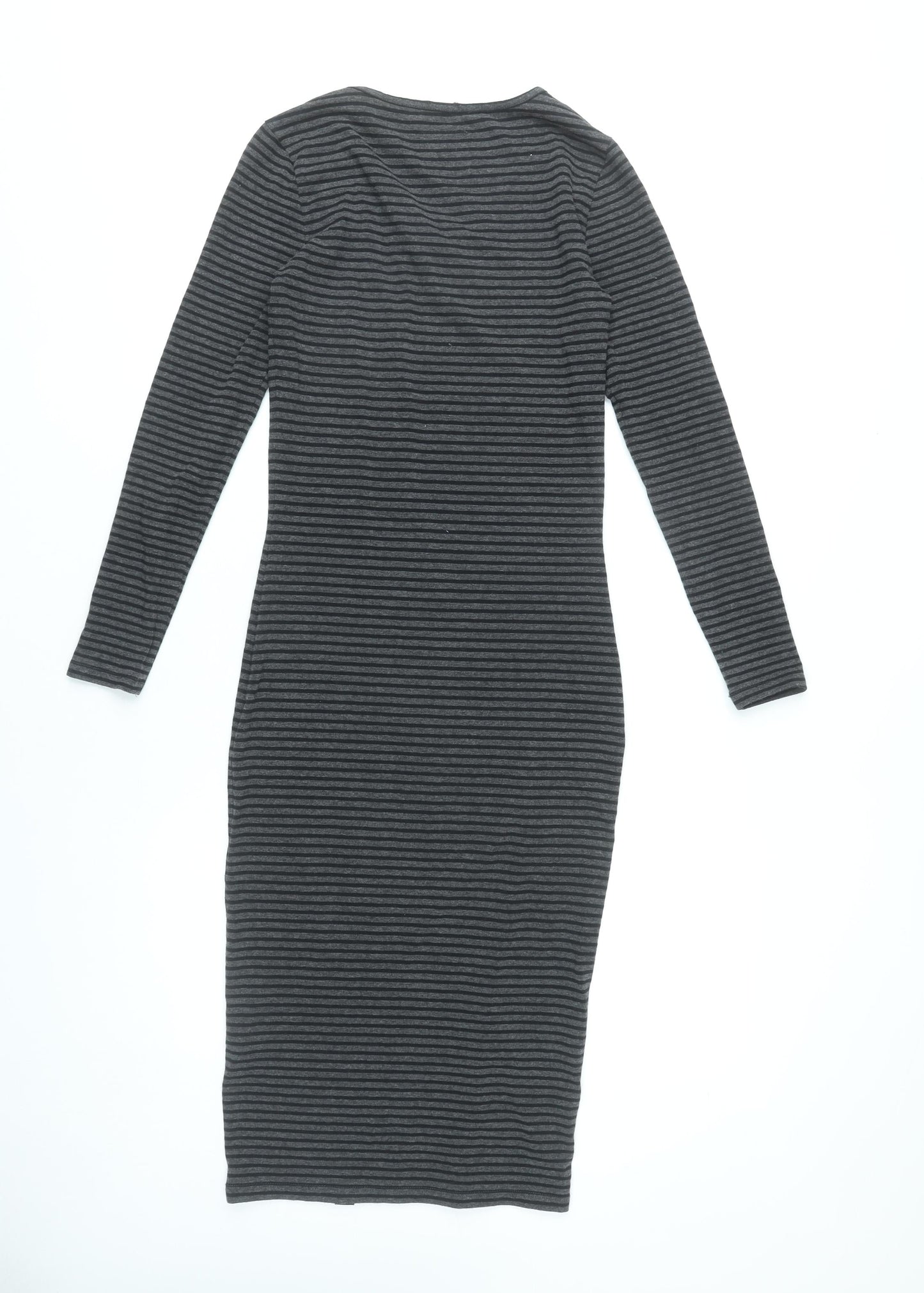 Superdry Women Grey Striped Bodycon Dress XS Long Sleeve Scoop