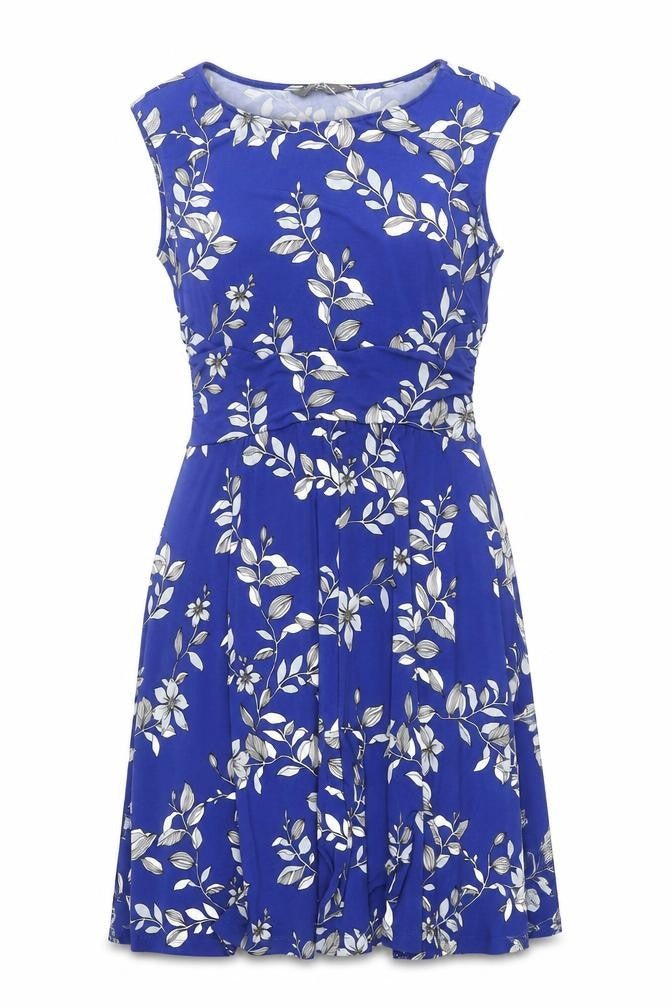 Jacqui E Women’s Blue Floral Sleeveless A-Line Knee Length Dress S