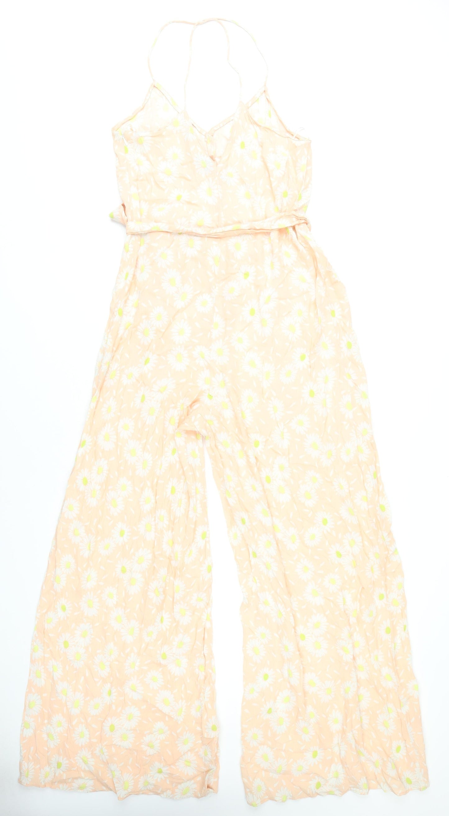 Zara Women Peach Floral Wide-Leg V-Neck Jumpsuit Size S