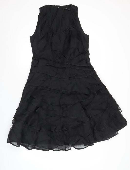 Hugo Boss Women Black Silk A-Line Ruffle Knee Length Dress UK 12