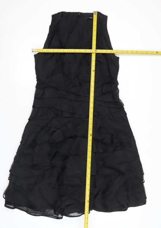 Hugo Boss Women Black Silk A-Line Ruffle Knee Length Dress UK 12
