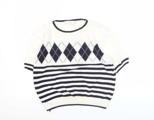 Marks and Spencer Women White Jumper Size 10 Argyle Striped Short Sleeve