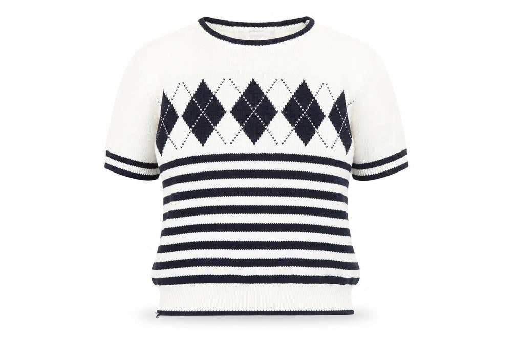 Marks and Spencer Women White Jumper Size 10 Argyle Striped Short Sleeve