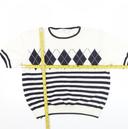 Marks and Spencer Women White Jumper Size 10 Argyle Striped Short Sleeve