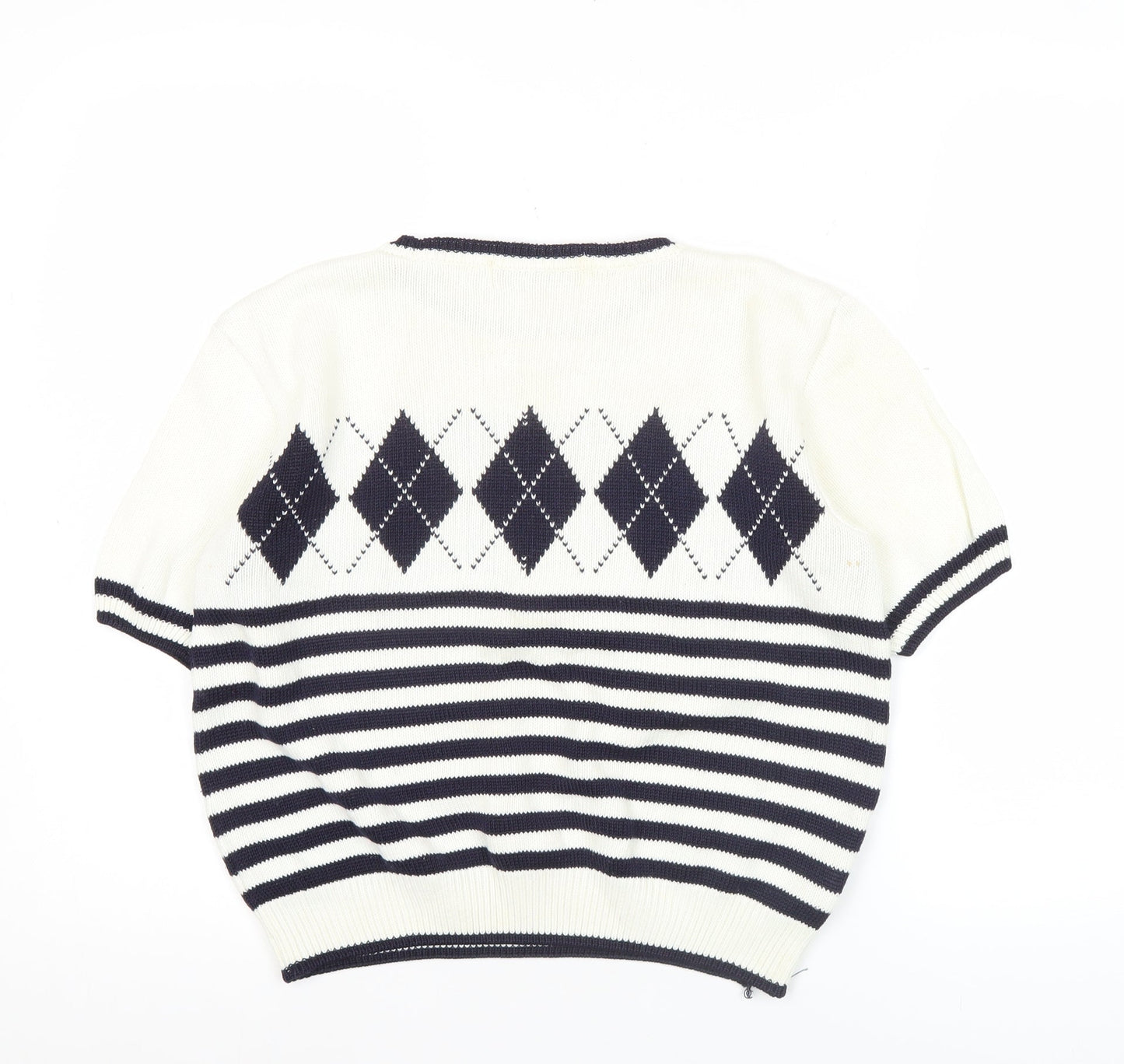 Marks and Spencer Women White Jumper Size 10 Argyle Striped Short Sleeve