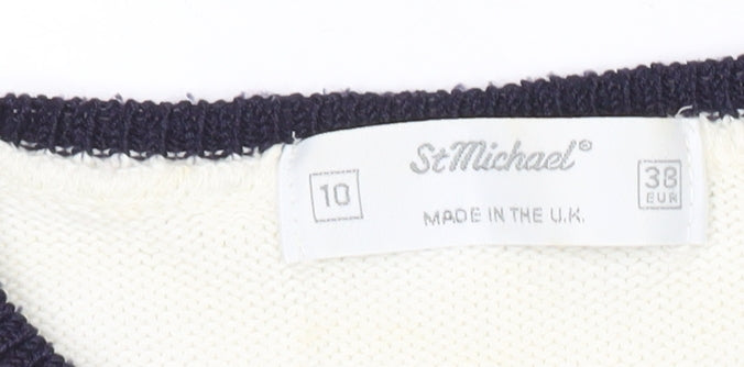 Marks and Spencer Women White Jumper Size 10 Argyle Striped Short Sleeve