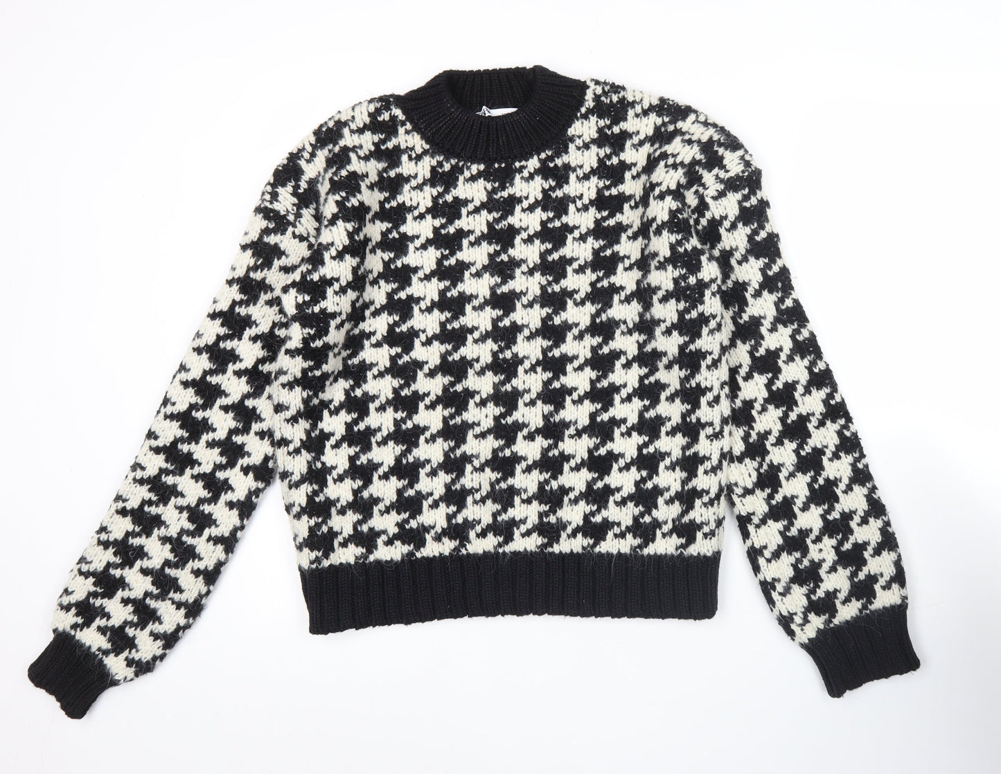 ZARA Women’s Black White Houndstooth Knit Jumper M Crew Neck Pullover