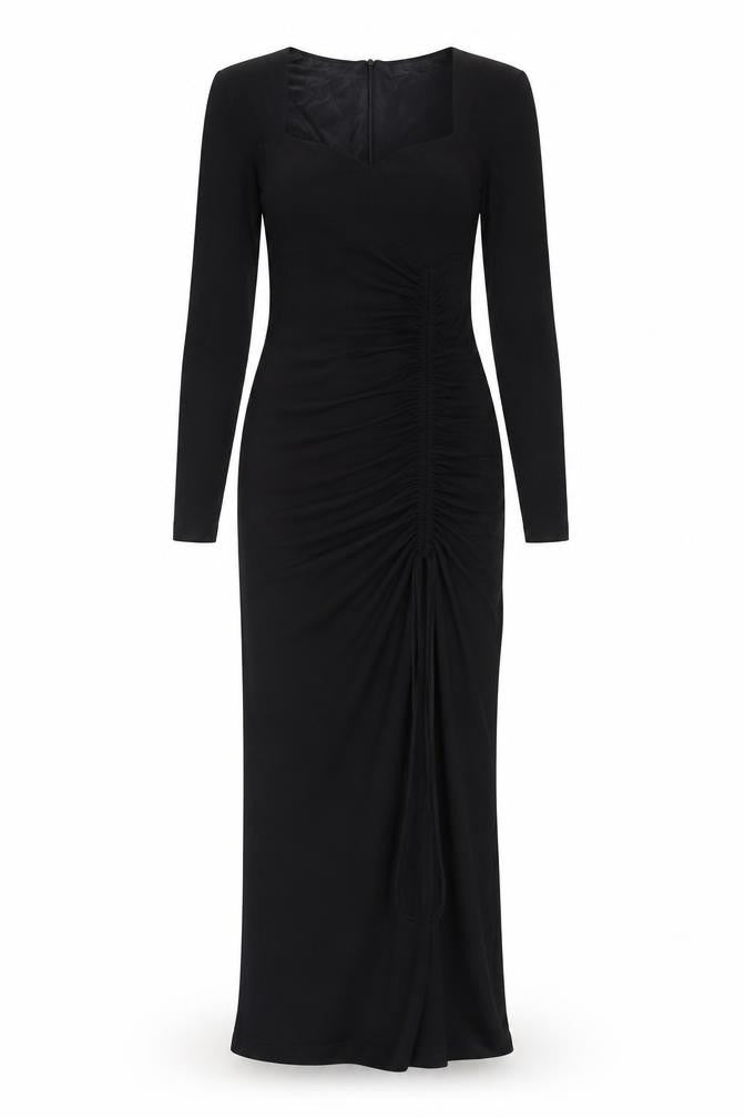 Zara Women Black XS Midi Bodycon Dress Long Sleeve Ruched