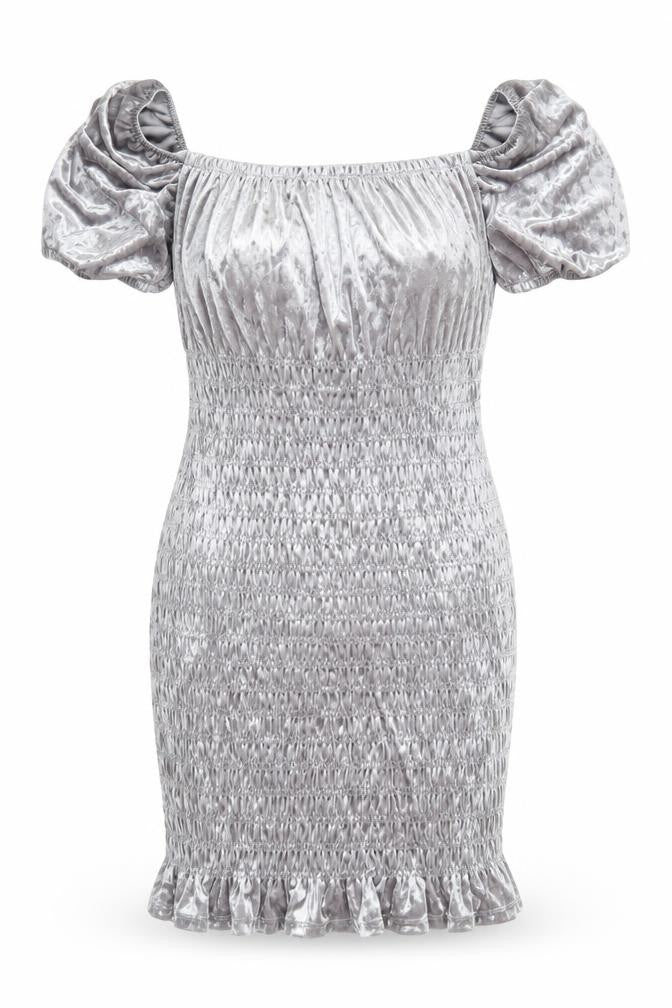 H&M Women Grey Velvet Bodycon Puff Sleeve Short Dress L