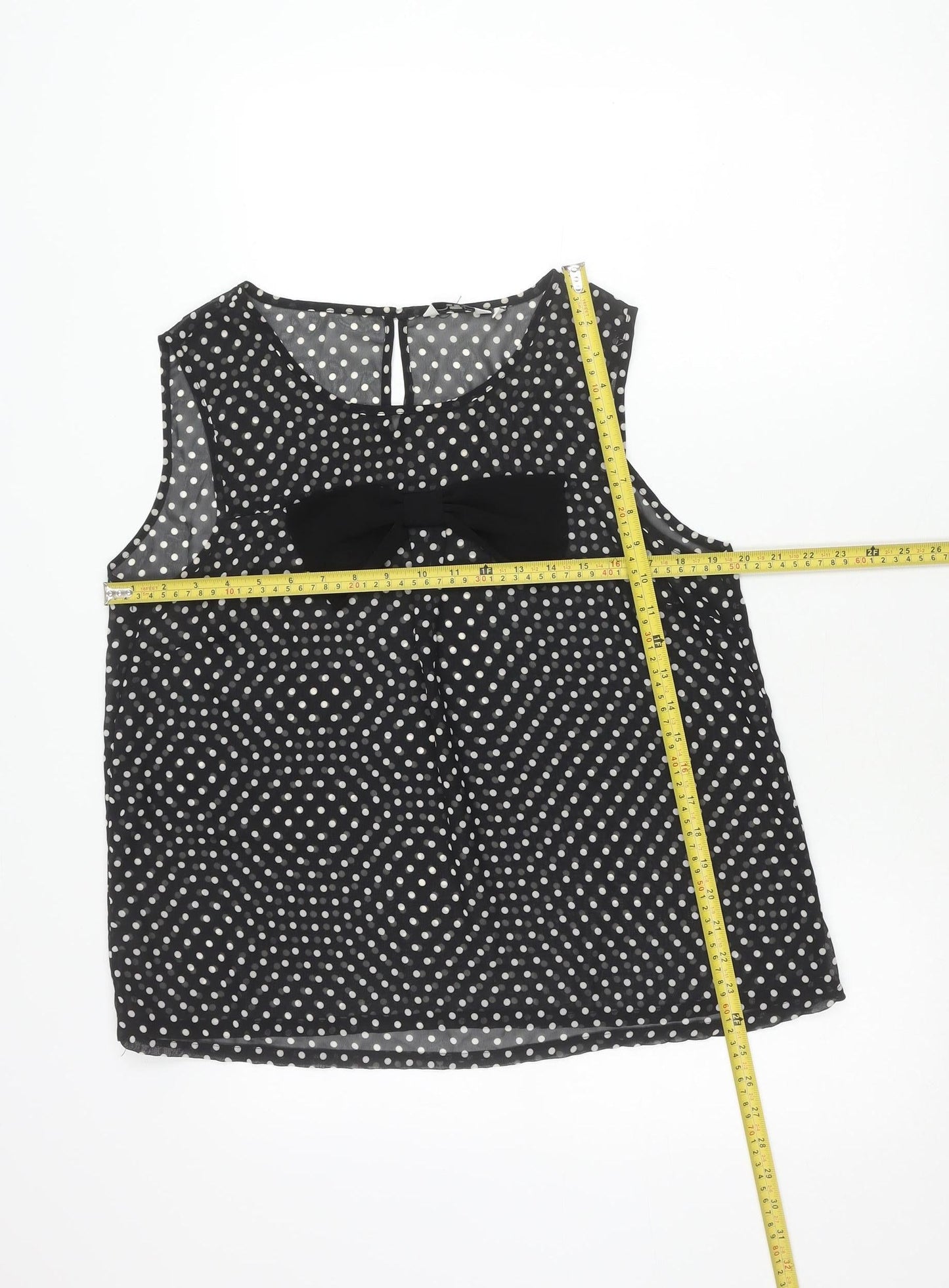 New Look Womens Black Polka Dot Bow Blouse Size 16 Sleeveless