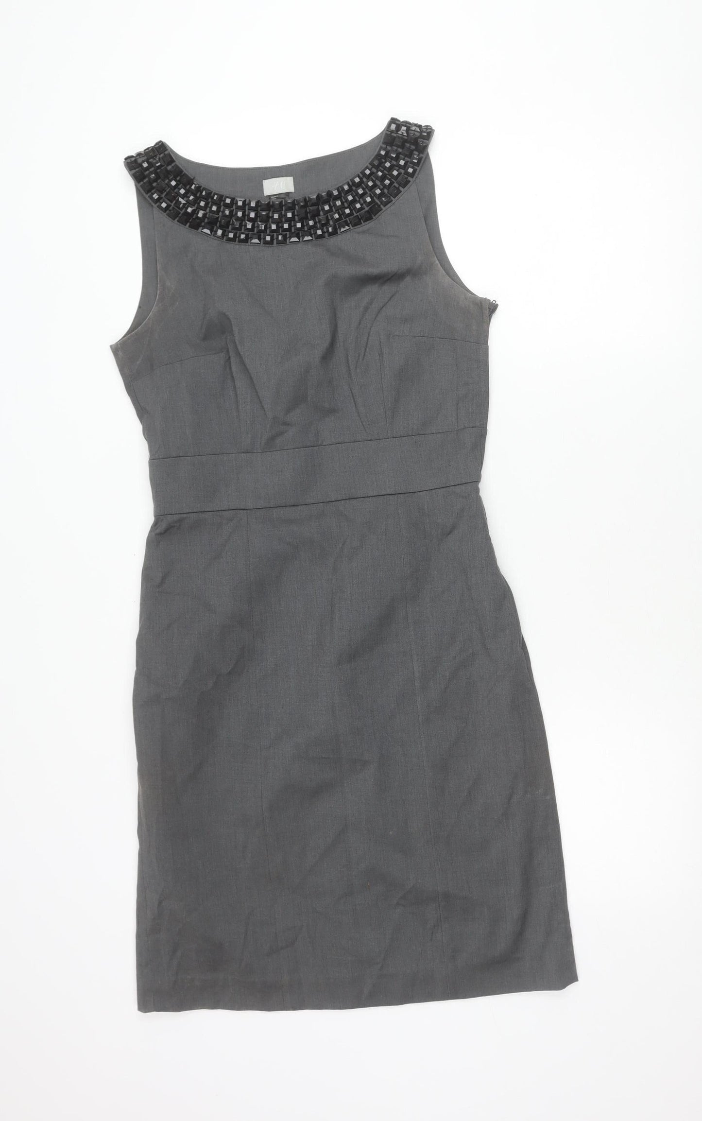 H&M Women’s Grey Sheath Dress Size 10 Sleeveless Beaded Neckline