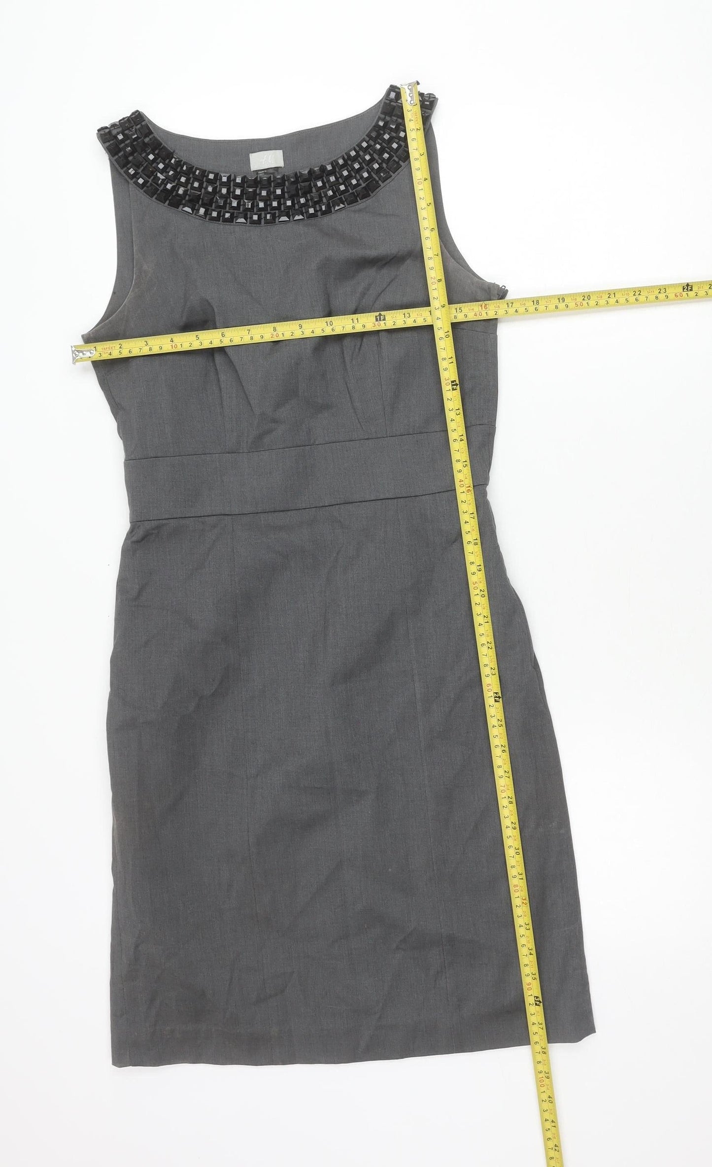 H&M Women’s Grey Sheath Dress Size 10 Sleeveless Beaded Neckline