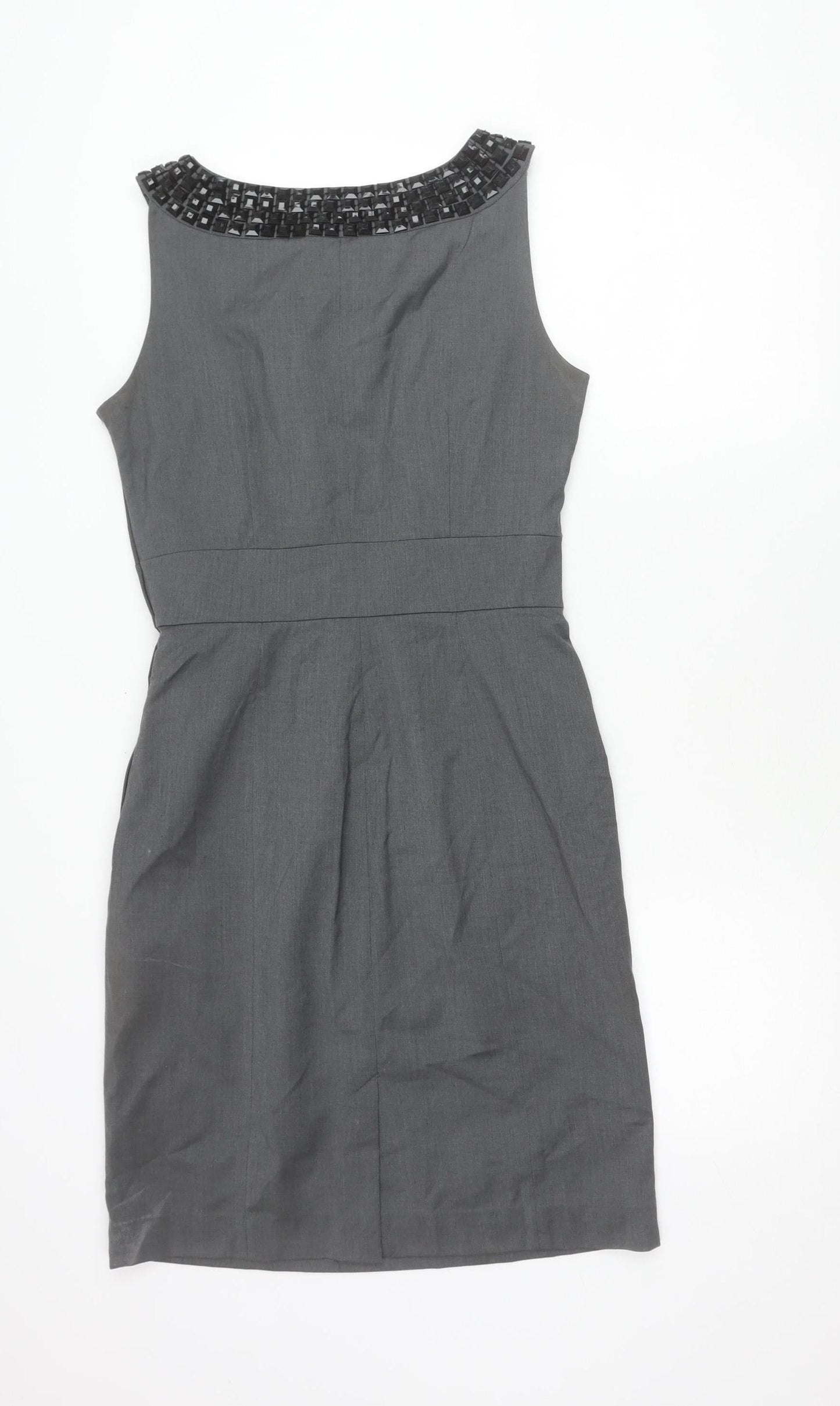 H&M Women’s Grey Sheath Dress Size 10 Sleeveless Beaded Neckline