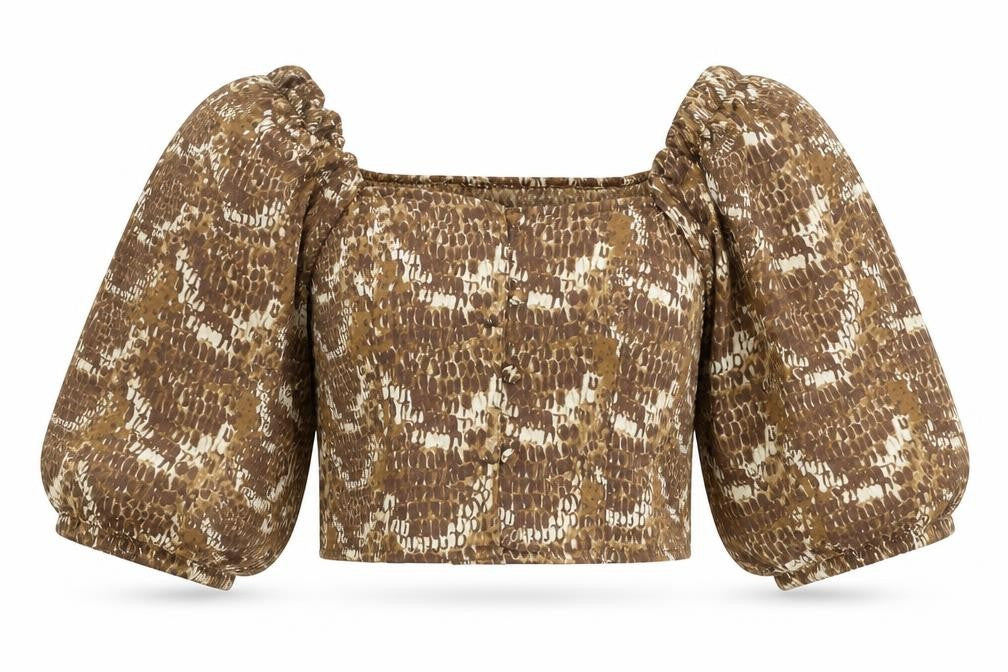 Monki Womens Brown Animal Print Cropped Puff Sleeve Blouse 2XS