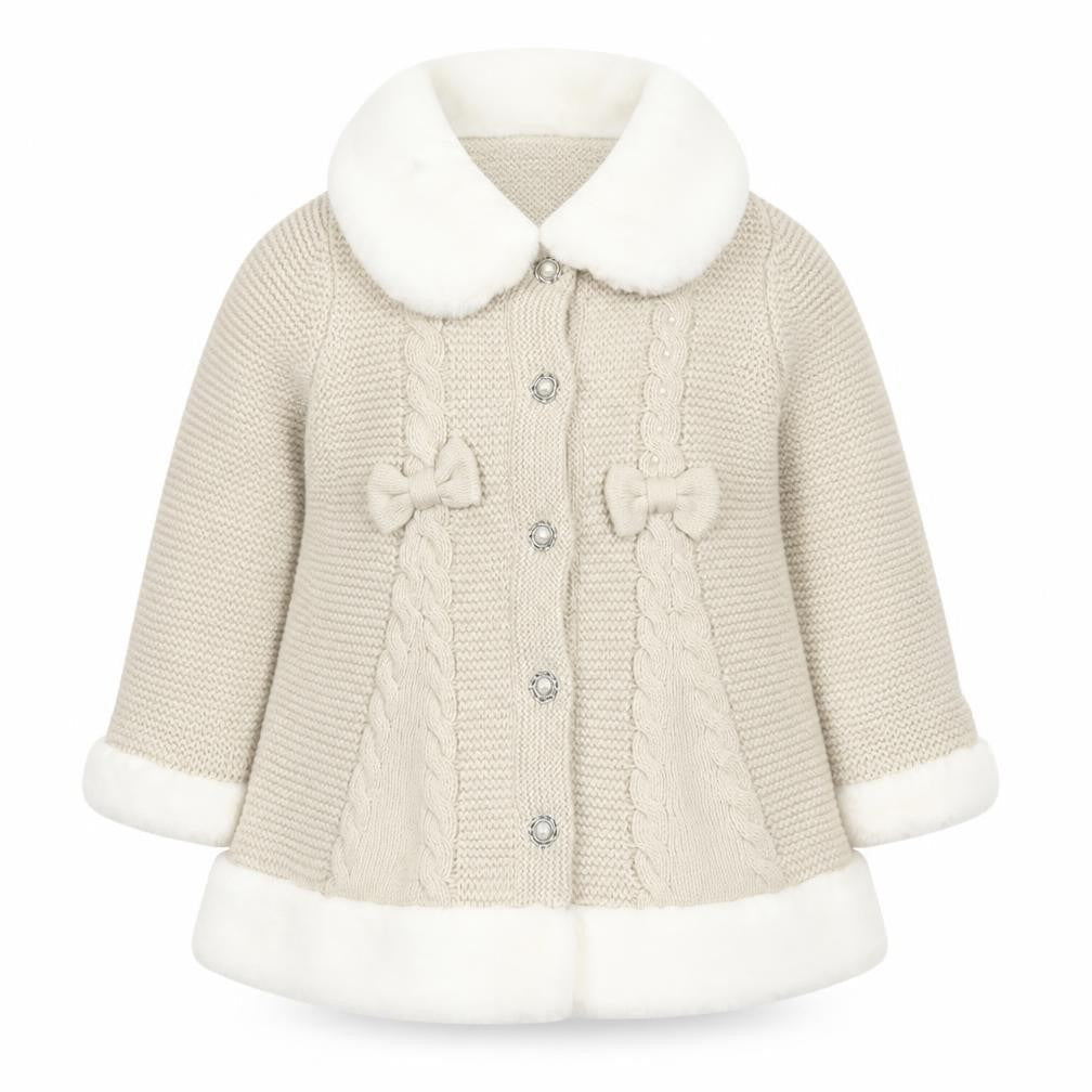Front view of Rachel Zoe girls’ beige faux fur trim knitted coat 2 years party winter