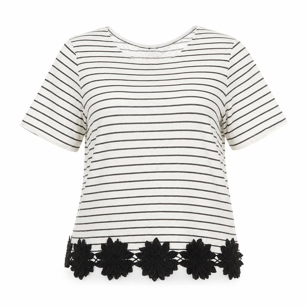 New Look Women’s White Striped T-Shirt Size 8 Short Sleeve Floral Hem