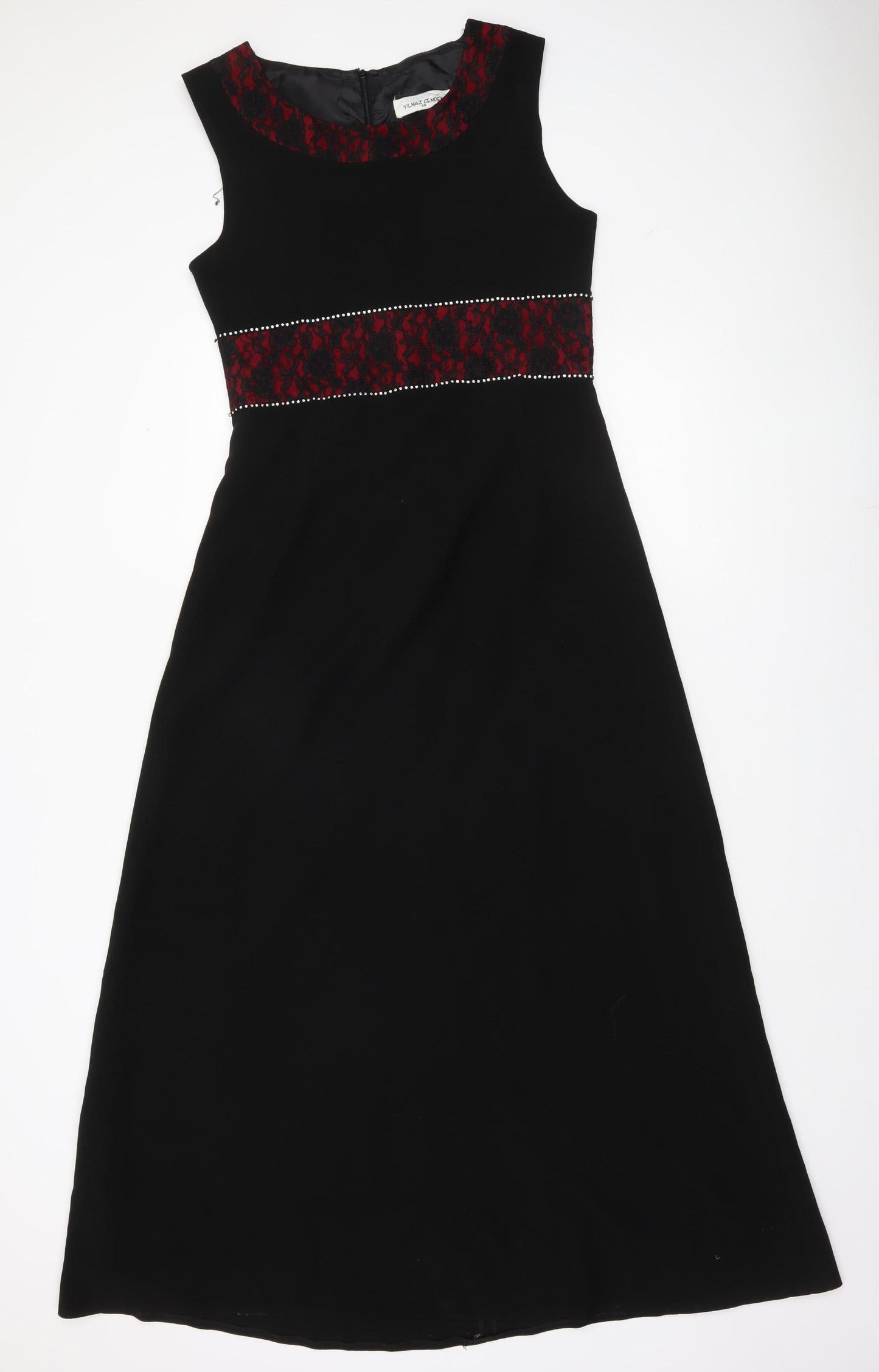 Yilmaz Cemden Womens Black Red Lace Midi A-Line Sleeveless Dress Size 12