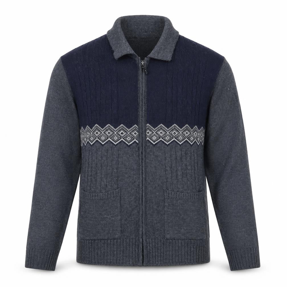 GUV'NORS Men's Blue Geometric Cable Knit Zip Cardigan Jumper M