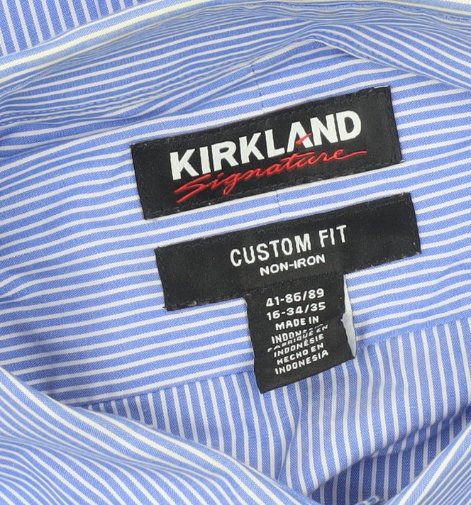 Kirkland Signature Men’s Blue Striped Shirt Size 16 Slim Fit Long Sleeve