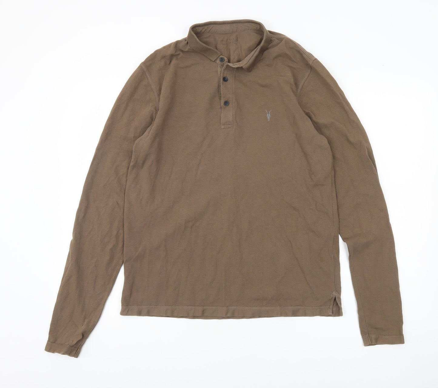AllSaints Mens Brown Long Sleeve Polo Shirt Medium 100% Cotton