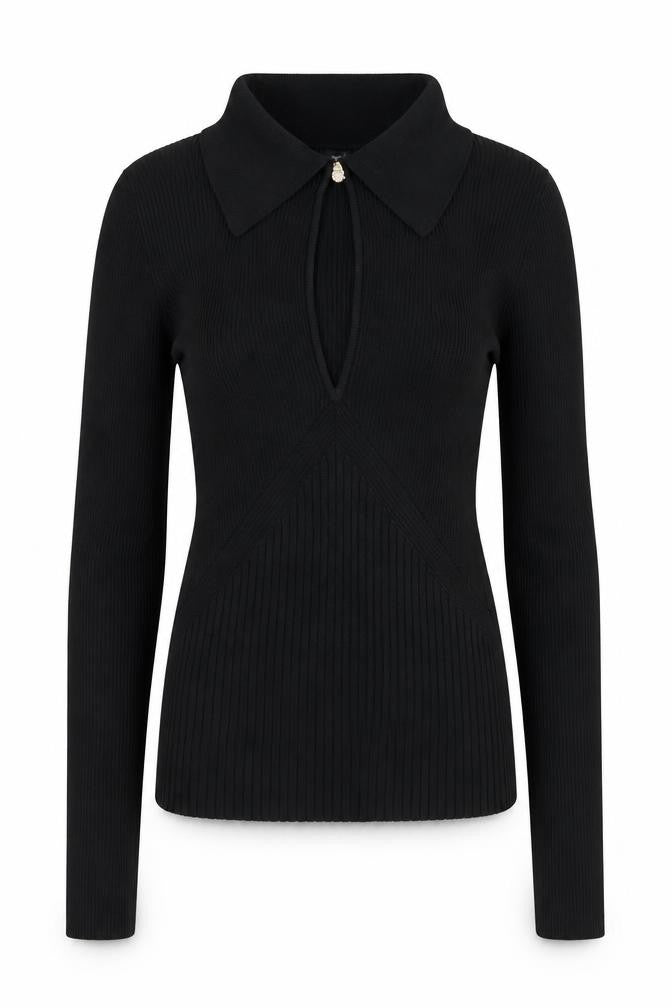 River Island Women’s Black Collared Knit Blouse Size 6 Slim Fit Long Sleeve