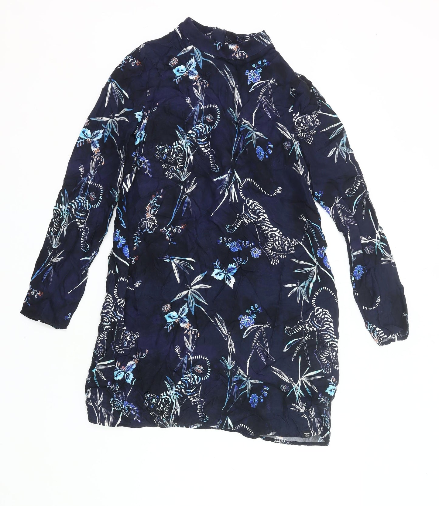 Superdry Womens Blue Tigers Print Shift Dress Size 12 Long Sleeve